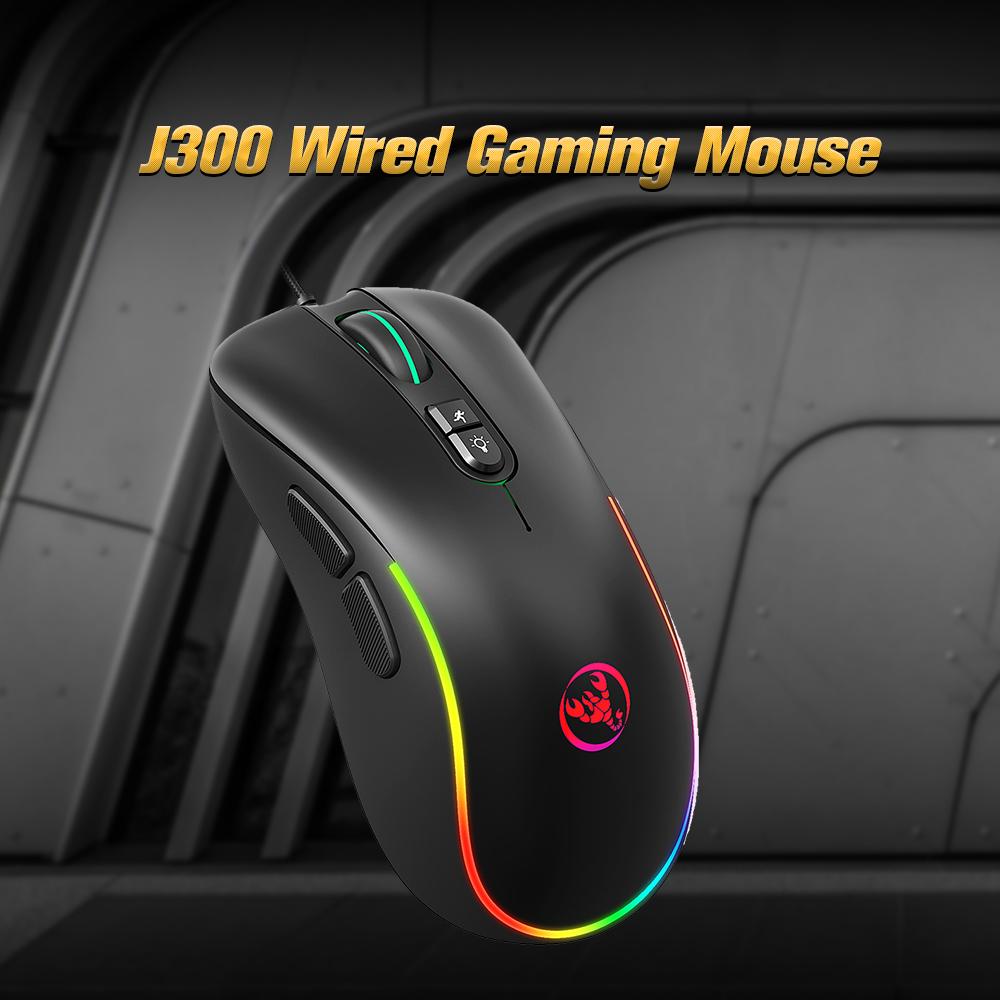 HXSJ J300 Wired Gaming Mouse Seven-key Macro Programming Mouse Six Adjustable DPI Colorful RGB Gaming Mouse Black