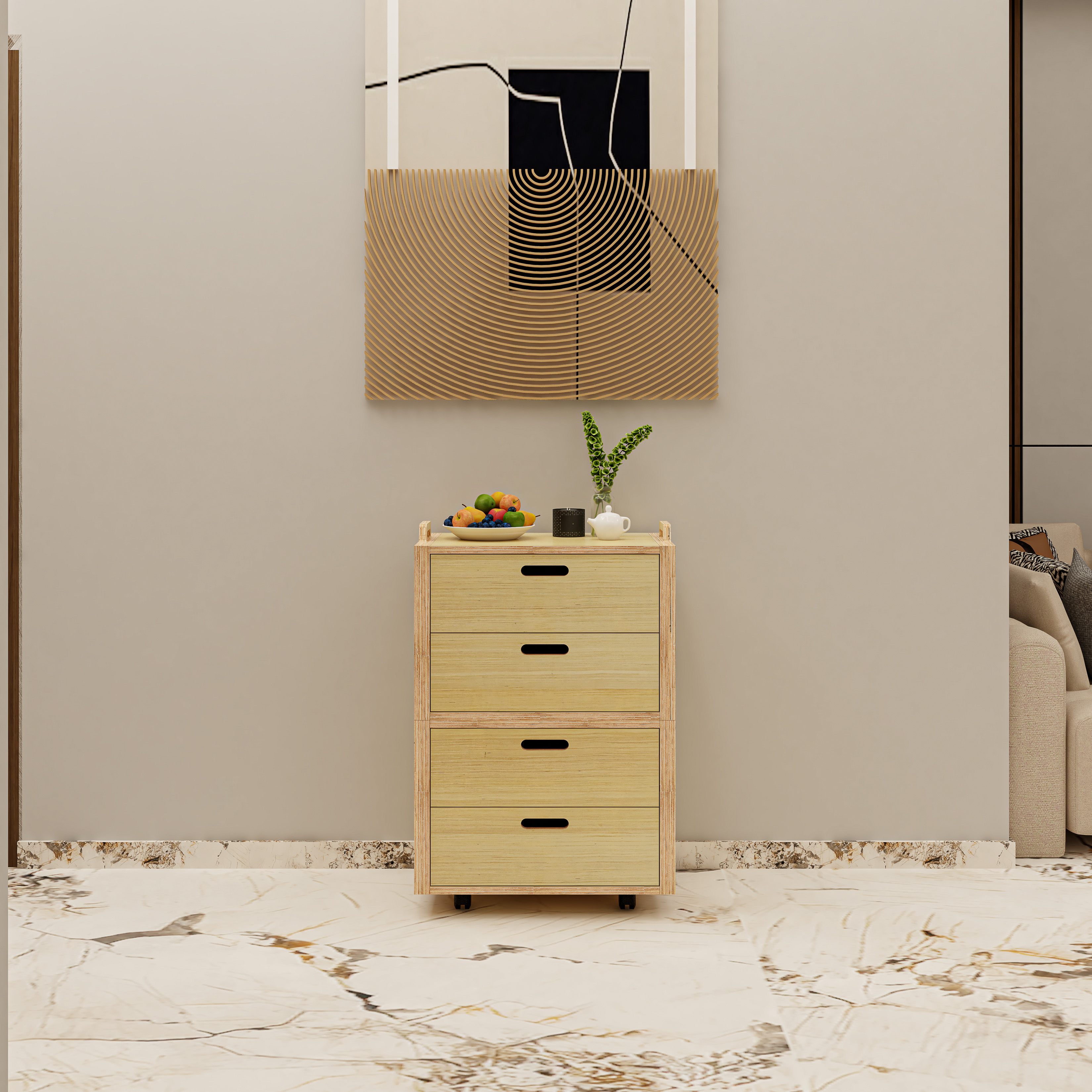 HAPPY FURNITURE , Gỗ tự nhiên , Tủ lưu trữ 4 ngăn kéo gỗ Plywood - GAMOR , THK_204 , 60cm x 40cm x 90cm DxRxC