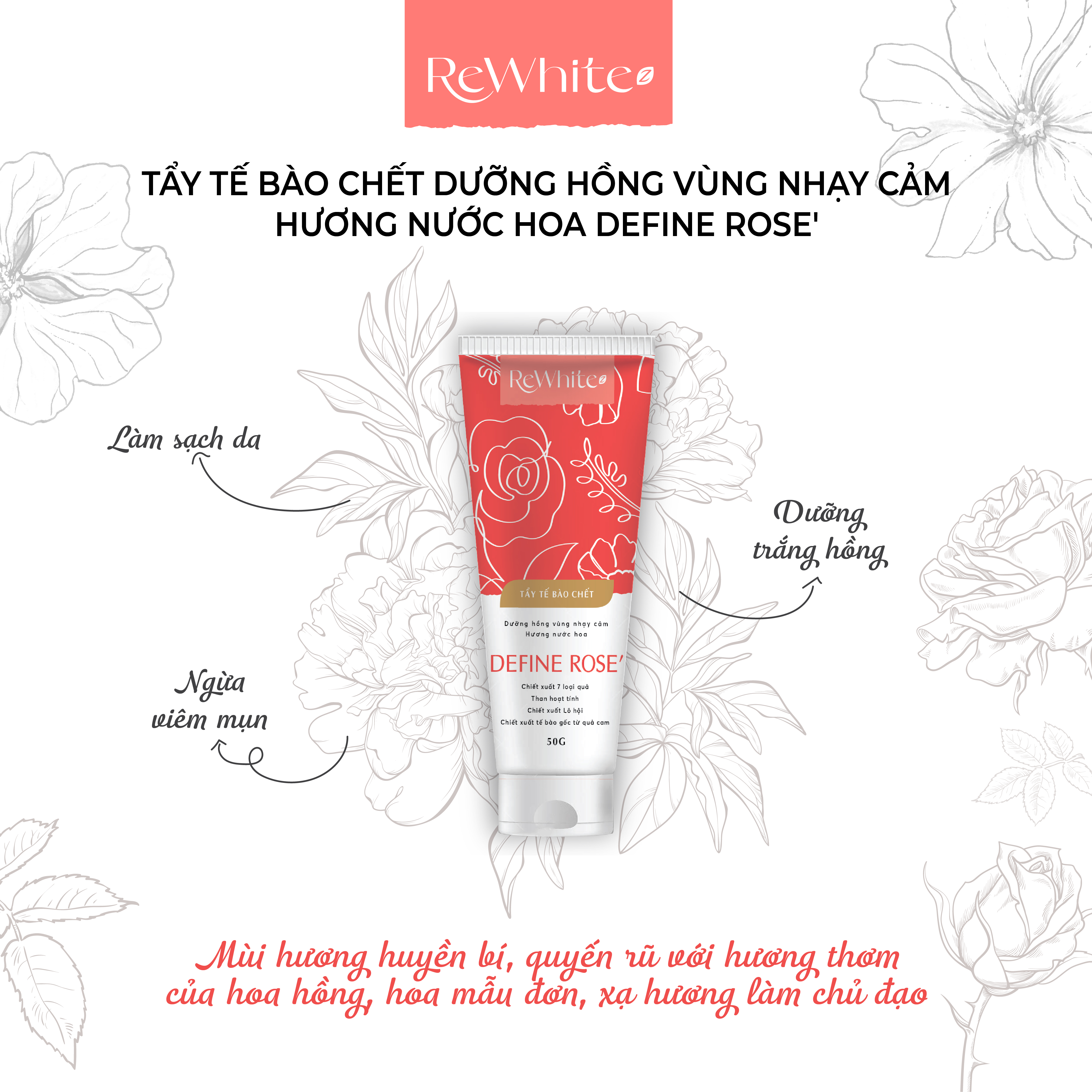 Combo Gel Tẩy Tế Bào Chết Và Dưỡng Trắng Vùng Nách, Mông, Bikini Rewhitez Hương Nước Hoa Quyến Rũ Define Rose 50g