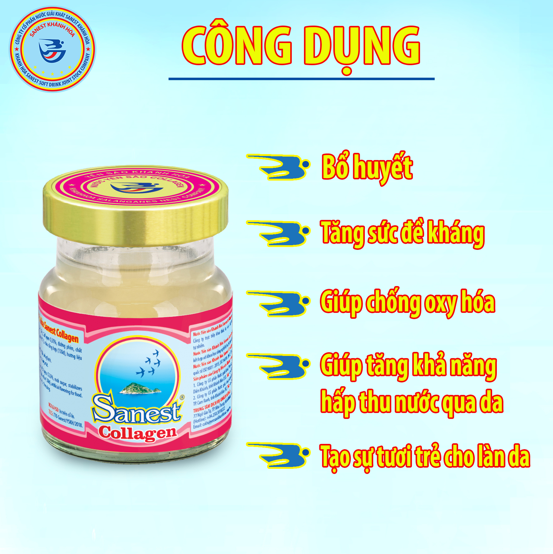 [Combo 5 lọ] Nước Yến sào Khánh Hòa Sanest Collagen đóng lọ 70ml