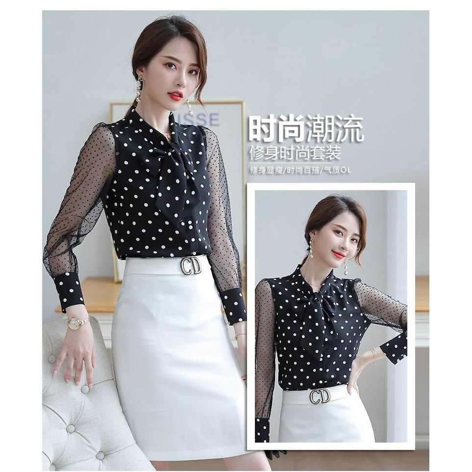 Áo sơ mi chấm bi phối nút cột nơ BY6359