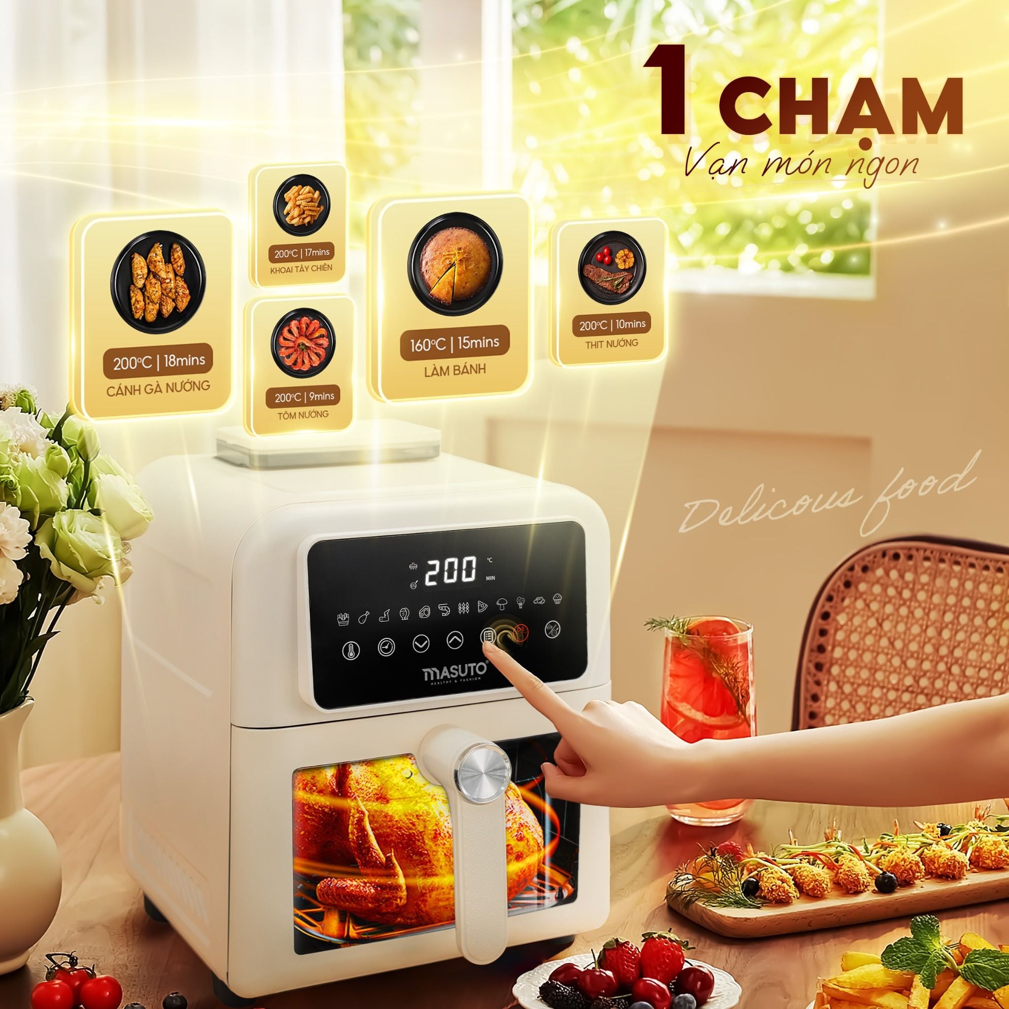 Nồi chiên không dầu phun sương Masuto MSKing 6L - 2 tầng đốt không cần trở lật - Hàng chính hãng