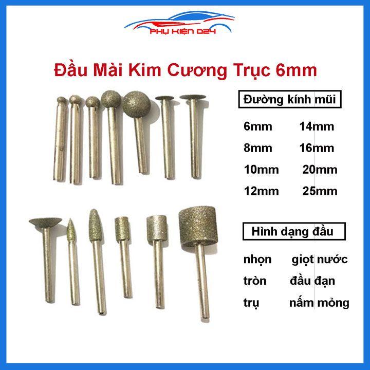 1 đầu mài kim cương trục lắp 6mm đường kính mũi 6mm, 8mm, 10mm, 12mm, 14mm, 16mm, 20mm, 25mm