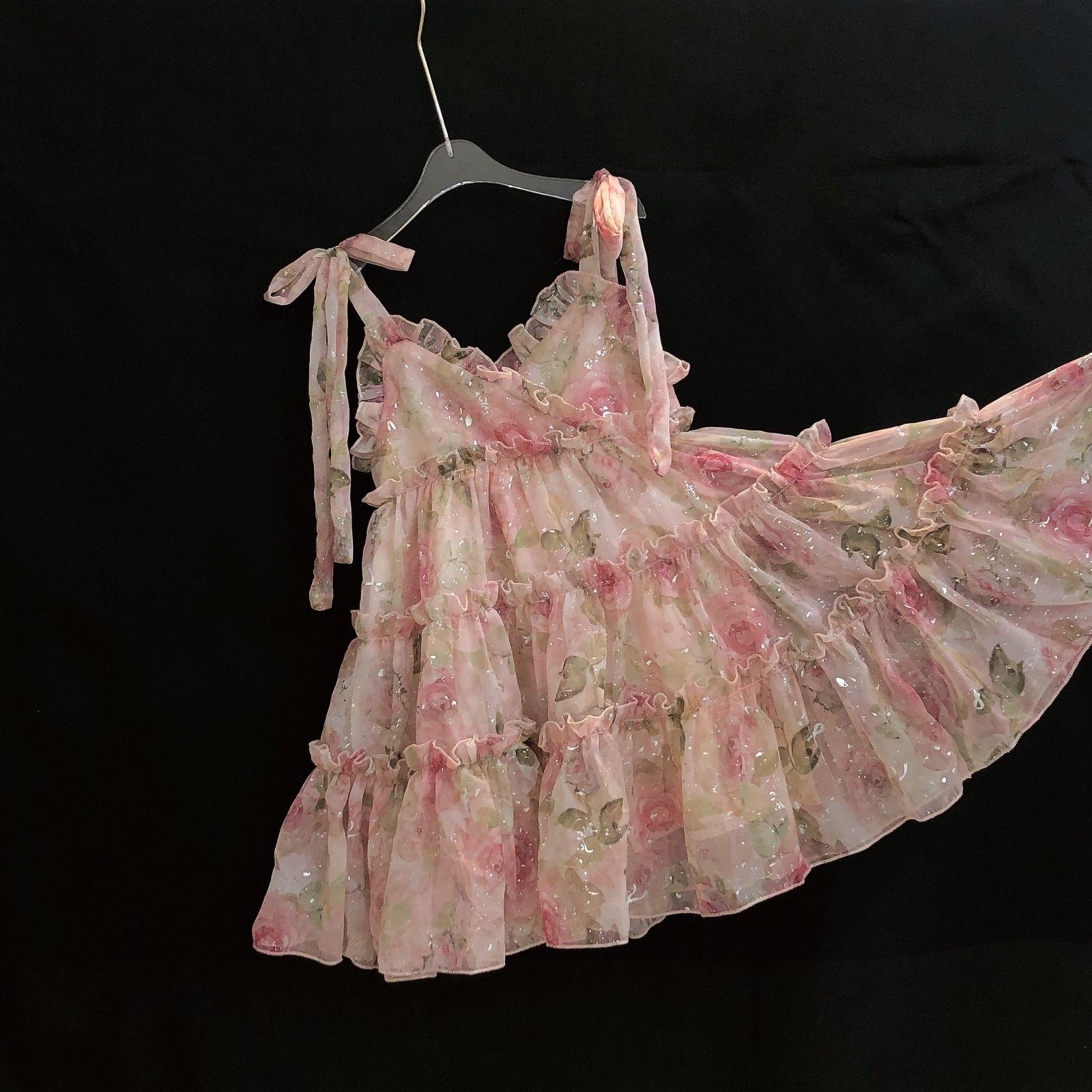 SHUANGYAN 2023 Mùa hè khí chất Pháp dây đeo hoa nhỏ nữ bảo ngọt ngào nghỉ mát gió hoa hồng nhẹ xa hoa công chúa váy