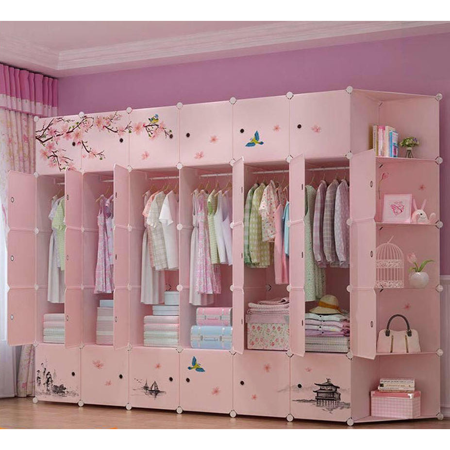 Tủ nhựa lắp ghép loại lớn 35 ô gồm 1 cột xéo màu hồng nhạt decal hoa anh đào