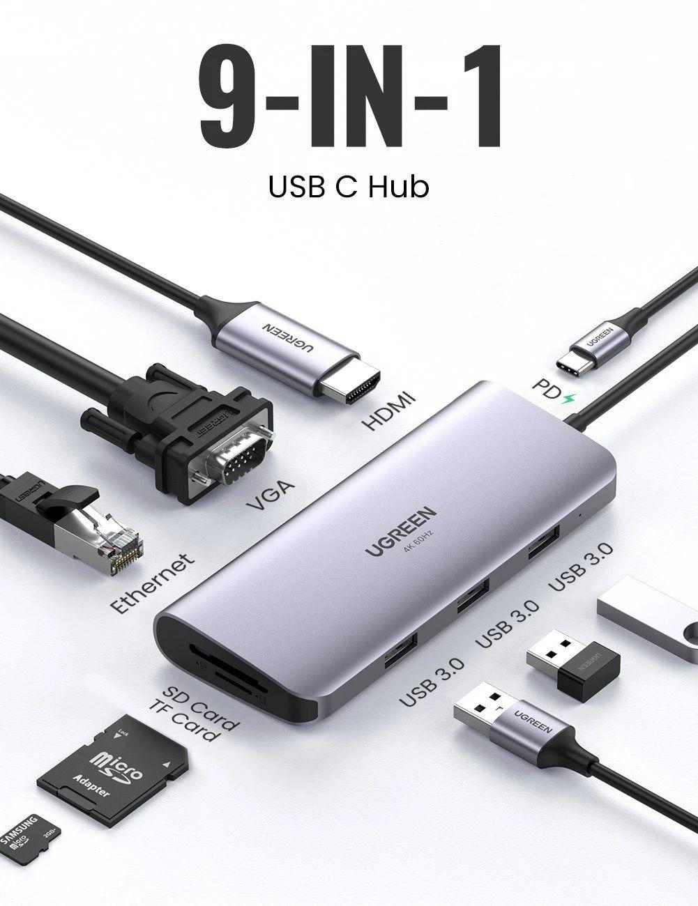 Ugreen UG70490CM179TK 100W 9 trong 1 màu xám bộ chuyển USB type C to 3xUSB3.0 4K-HDMI VGA RJ45 SD-TF PD hỗ trợ PD 3.0 - HÀNG CHÍNH HÃNG