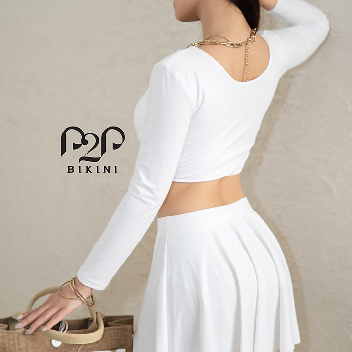 P2P BIKINI - Bikini tay dài, váy xòe sporty trắng - BTK399_SET3