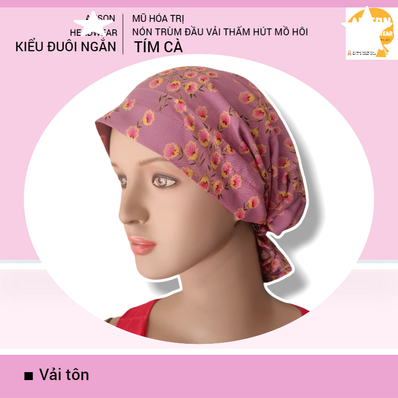 Nón hóa trị vải mềm mát, hút mồ hôi, bệnh nhân ung thư, chemo hat, nón trùm đầu [KIỂU ĐUÔI NGẮN-TÍM CÀ]