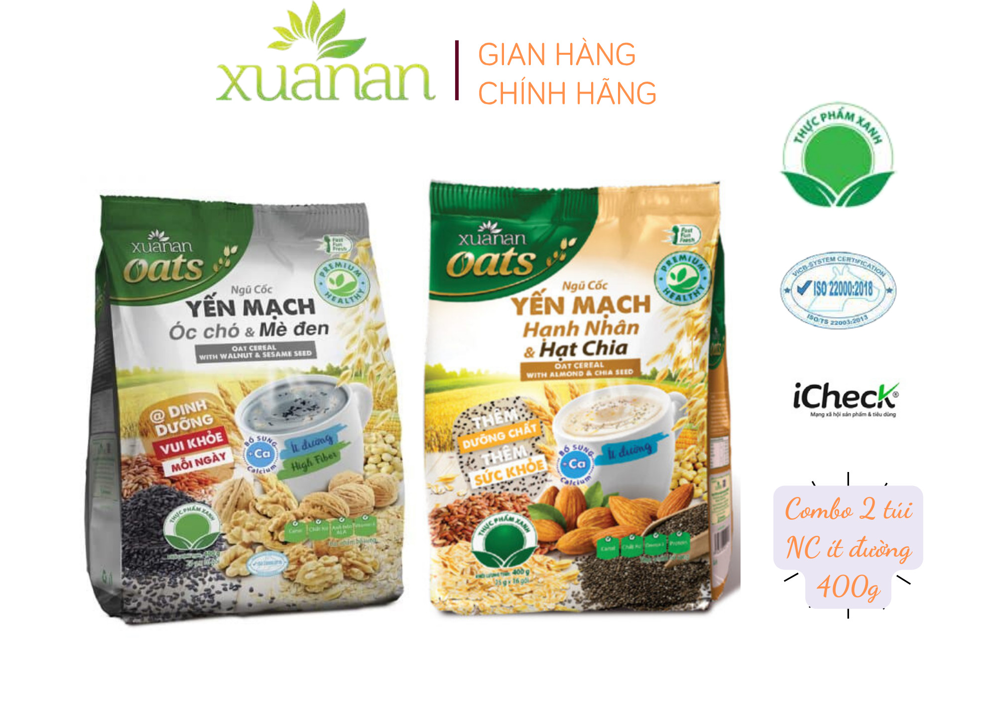 Combo Ngũ Cốc Yến Mạch Hạnh Nhân Hạt Chia 400G + NC Yến Mạch Óc Chó & Mè Đen 400G