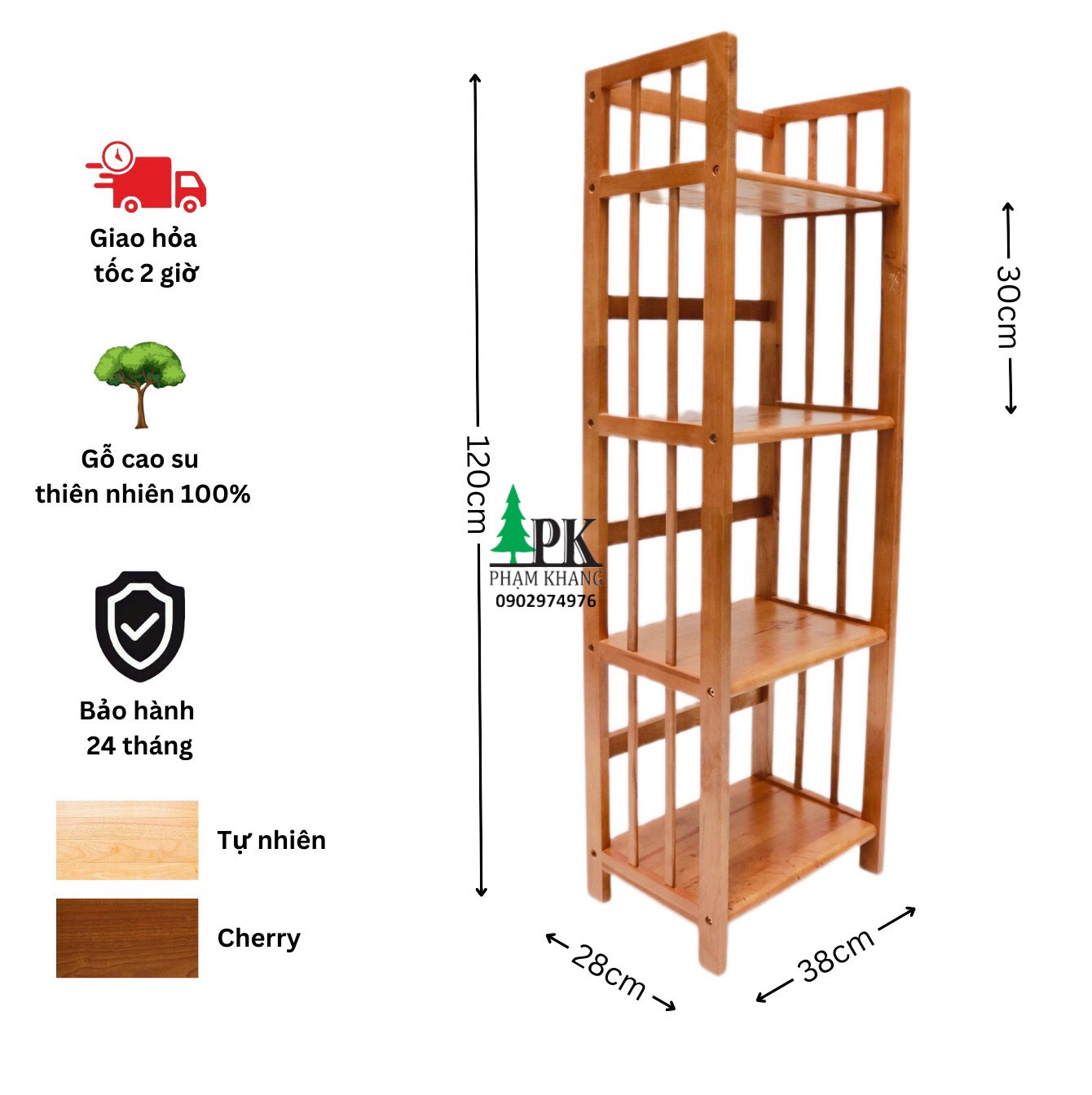 Kệ sách gỗ Phạm Khang 4 tầng rộng 38cm màu vàng cherry