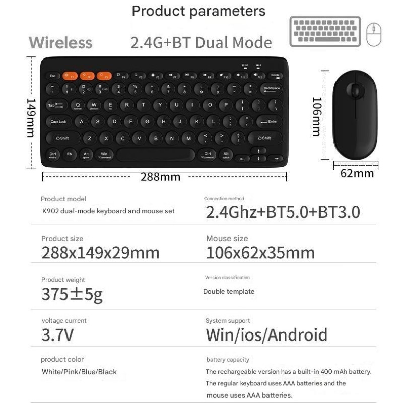 Bộ Bàn Phím Chuột không dây Bluetooth 5.0 USB2.4g K902  cho máy tính , Laptop , điện thoại , Tablet hàng nhập khẩu
