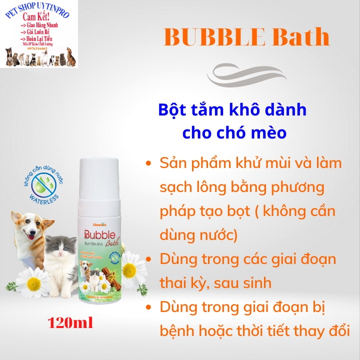 Bọt tắm khô cho Chó Mèo Vemedim Bubble Bath Chai 120ml Giúp khử mùi và làm sạch lông mà không cần dùng nước Sx tại VN