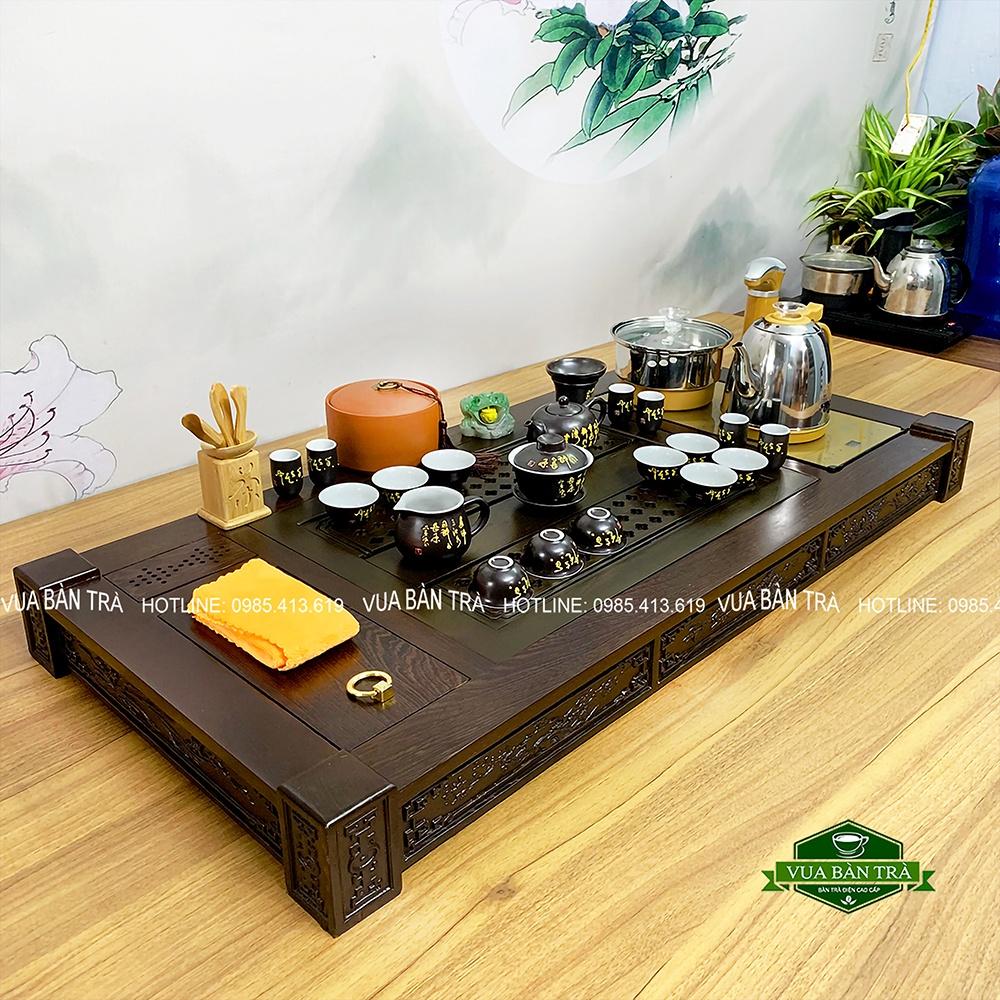 Bàn Trà Điện Thông Minh Chặm Khắc Tùng Trúc Cúc Mai Chất Liệu Gỗ Mun Cao Cấp