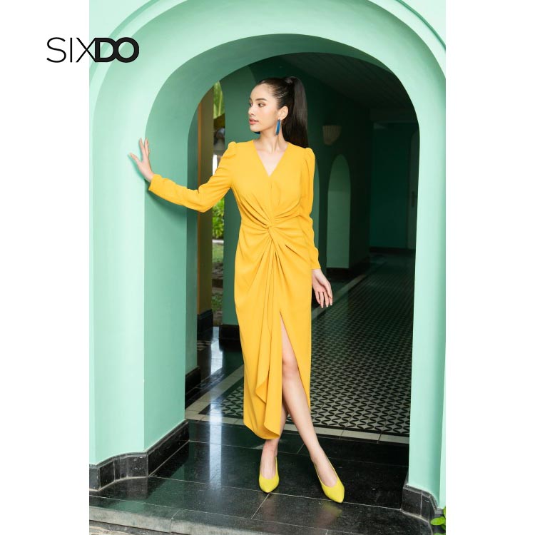 Đầm lụa midi xoắn eo sang trọng SIXDO