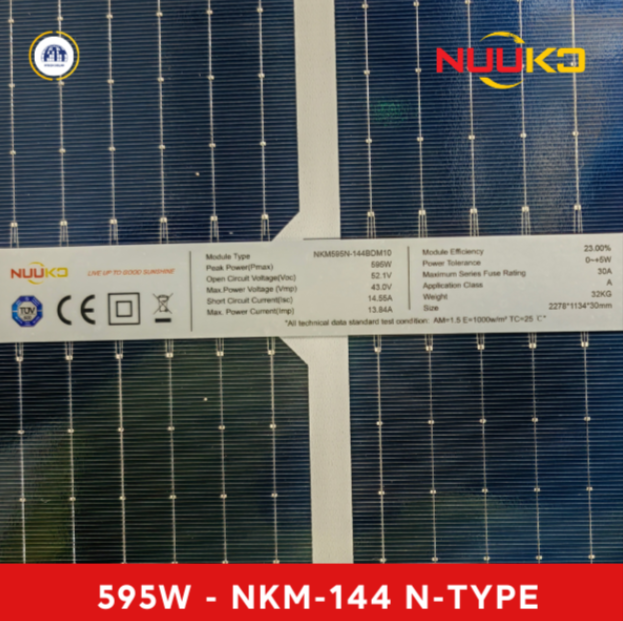 Tấm pin năng lượng mặt trời 2 mặt kính 595w NTYPE TOPCON - Hãng NUUKO - Hiệu suất 23% - Bảo hành 30 năm