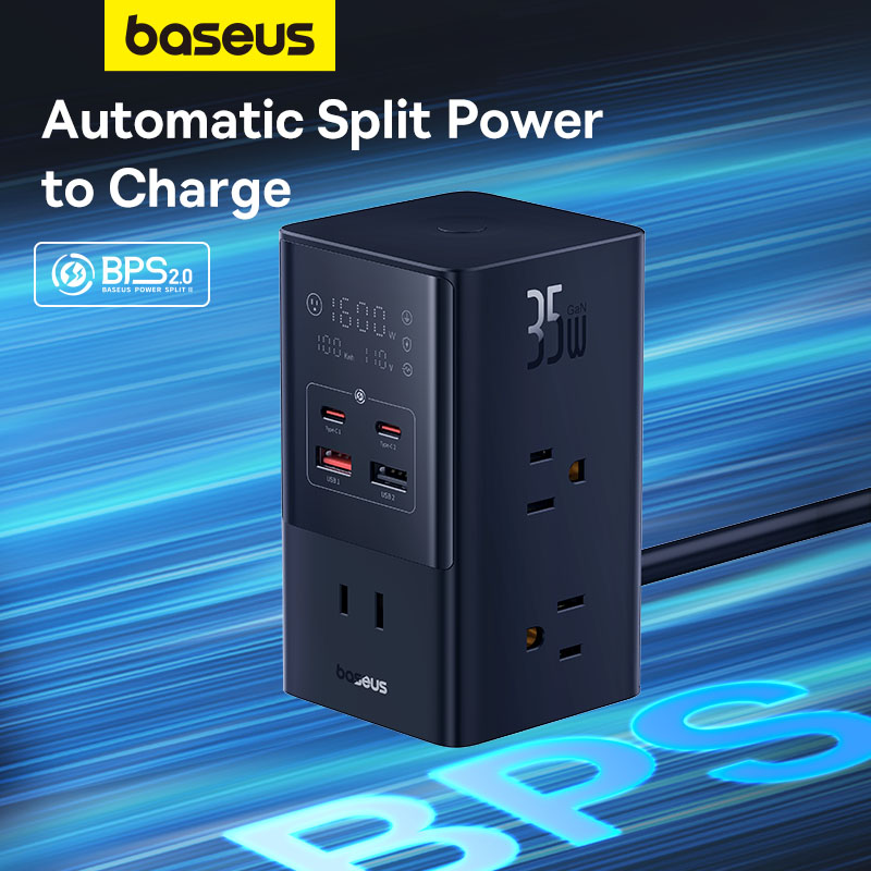 Bộ Sạc Nhanh OS-Baseus PowerCombo Tower Digital PowerStrip 6AC+2U+2C 35W (Dây 1.5m, Chân cắm dẹp US) (Hàng chính hãng)