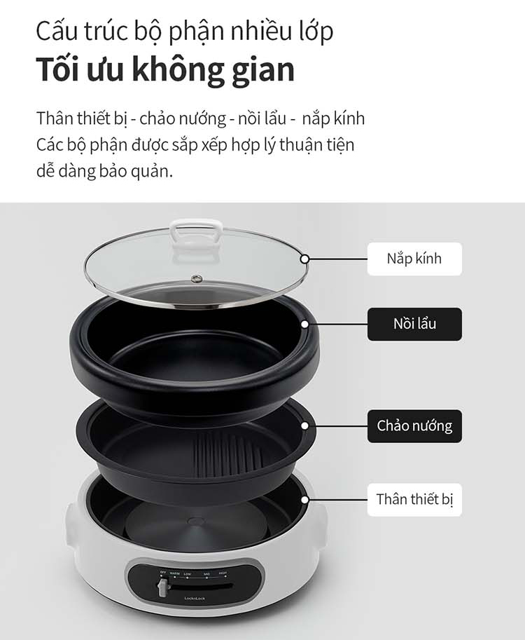 Nồi điện đa năng LocknLock 2 trong 1 nướng lẩu tối ưu 4 chế độ nhiệt - EJP544WHT - Hàng chính hãng