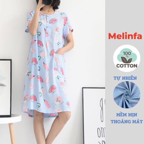 Váy đầm ngủ nữ mặc nhà, áo ngủ cúc đóng mở có túi chất liệu Cotton lụa tự nhiên thoáng mát mã VAV0389