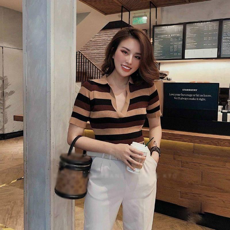 Áo len Montoghi dệt kim cổ đức SỌC 3 MÀU phối ĐỀU phong cách thanh lịch