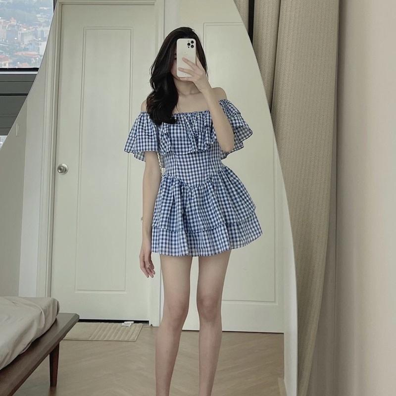 Đầm Bẹt Vai Caro Xanh Bèo Váy Xoè Tầng Siêu Xinh