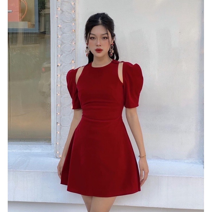 Đầm nhung khoét vai 2 màu sang chảnh