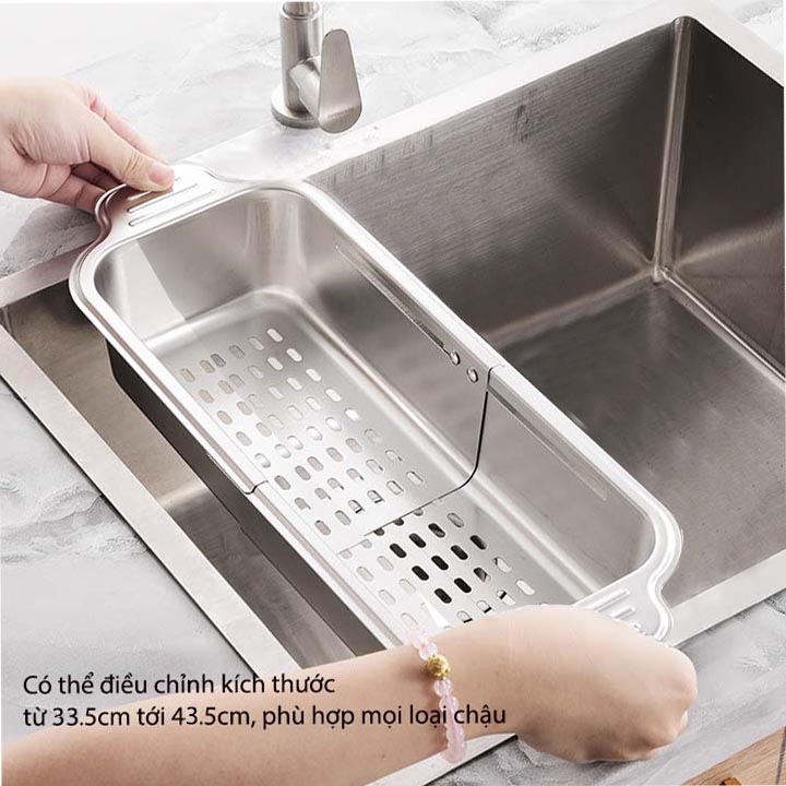 Khay rổ inox 304 gác chậu bếp thông minh xếp gọn, để đồ đa năng