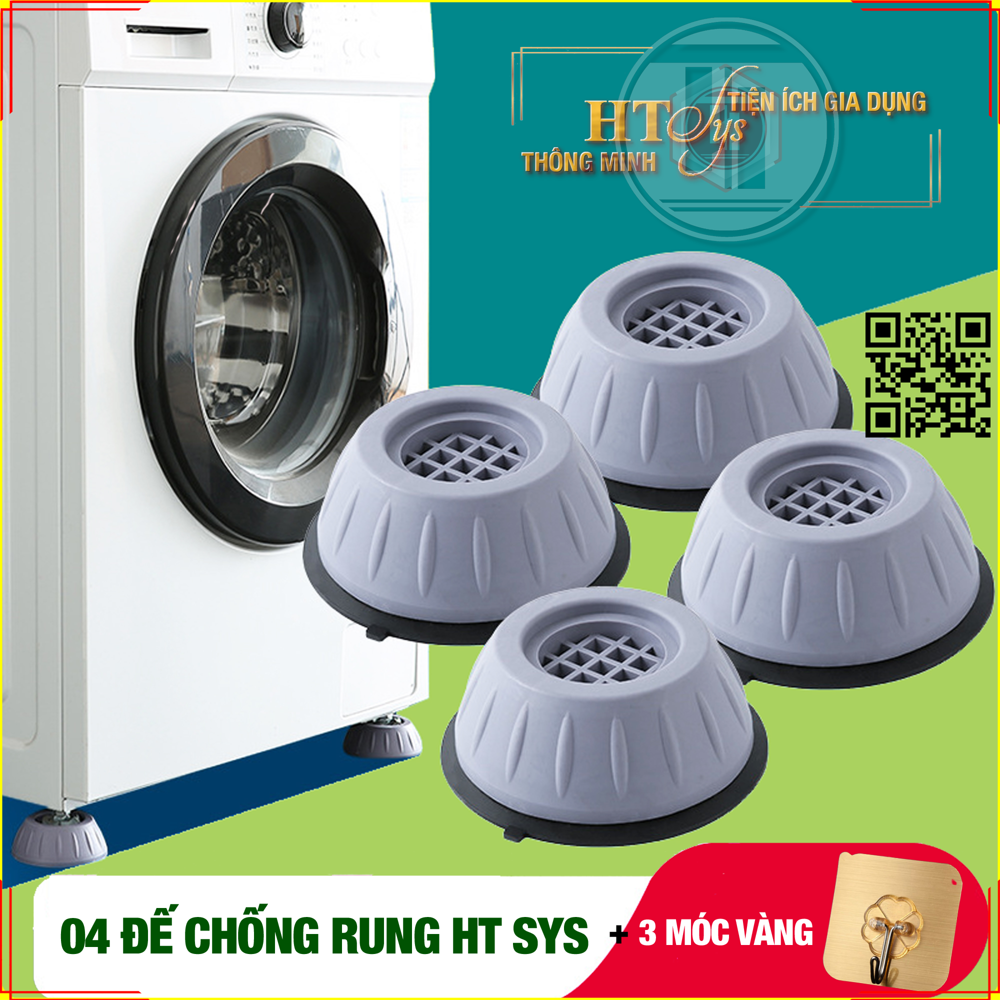 Bộ 04 chân đế cao su chống rung máy giặt - HT SYS - Đế chống rung máy giặt - Đế chống ồn máy giặt, máy sấy,tủ lạnh, bàn ghế + Sét 3 móc dính dán tường vàng tài lộc HT SYS