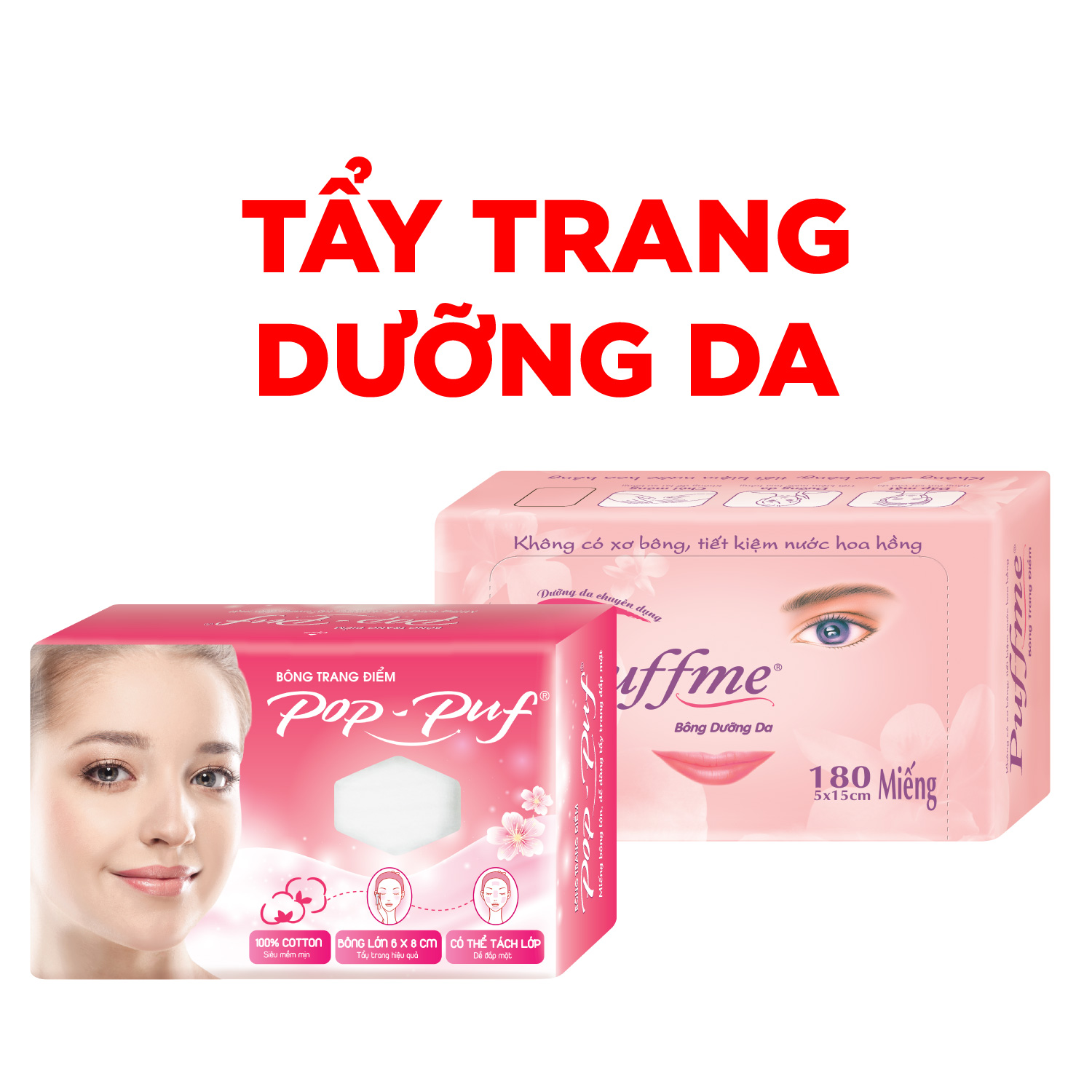 {Set 2} Bông Tẩy Trang Pop-Puf 6*8 cm 50 Miếng  Và Bông Dưỡng Da Puffme Airlaid Tiết Kiệm Nước Hoa Hồng 180 Miếng