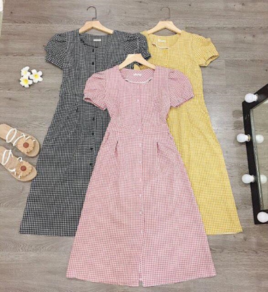 ĐẦM VINTAGE KẺ SỌC CÀI NÚT TAY PHỒNG
