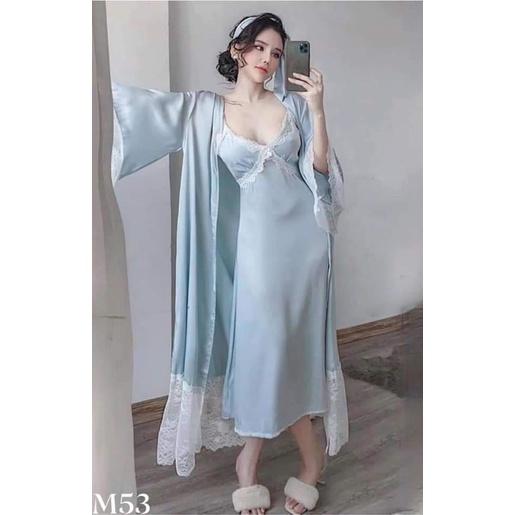 Set áo choàng + váy ngủ lụa dáng dài quá gối sang trọng tặng kèm chip ren gợi cảm