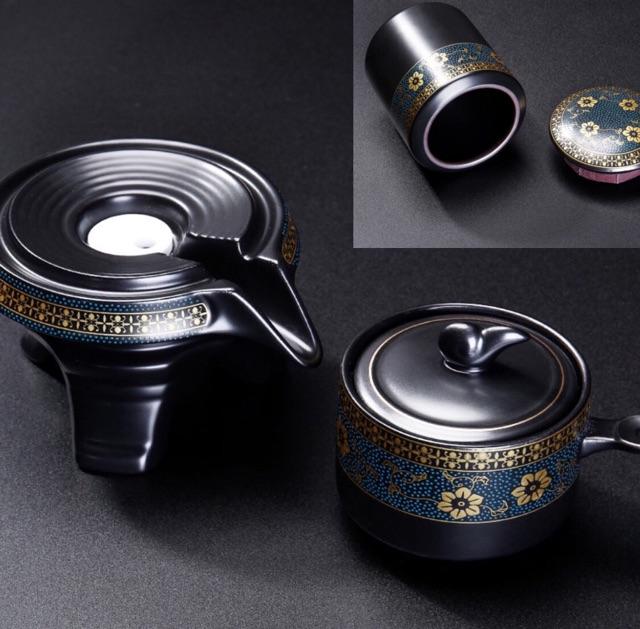 Bộ ấm chén pha trà đẹp Cối xay gốm sứ cao cấp,Bộ chén uống trà đạo 19 chi tiết hoa cẩm lòng chén trắng