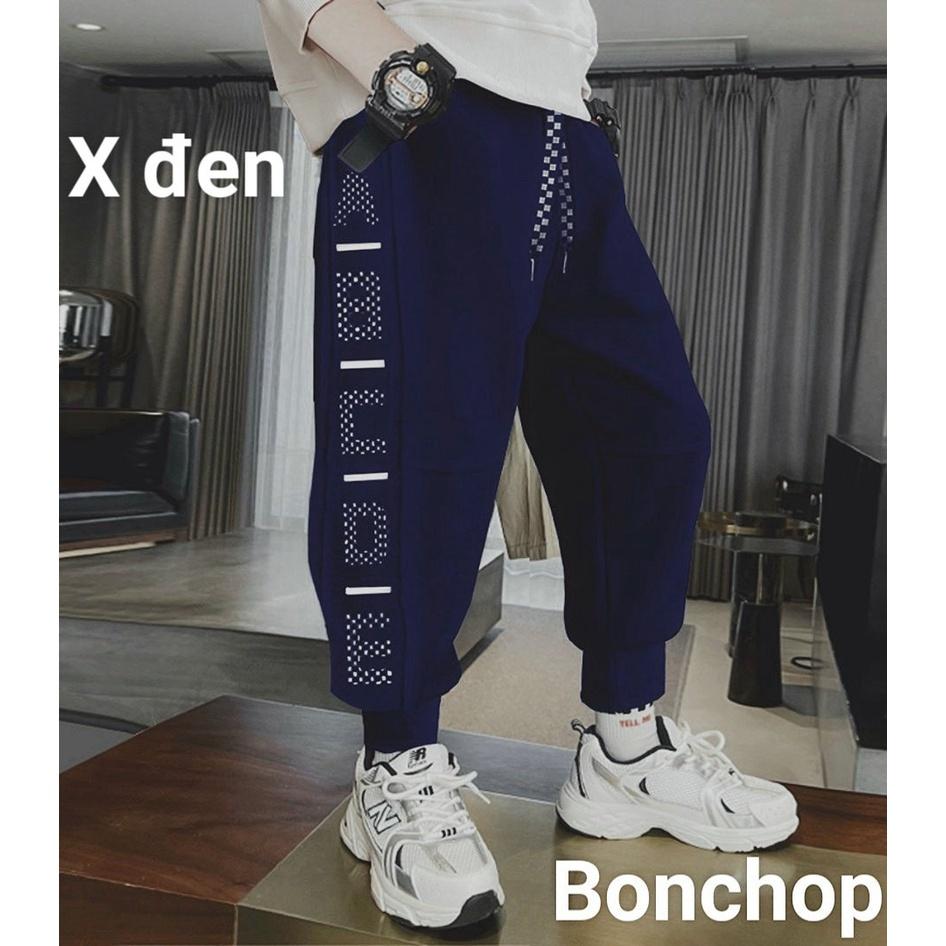 Quần thun dài ống bo sườn chạy chữ kiểu dáng thể thao bé tra và gái 25-50kg