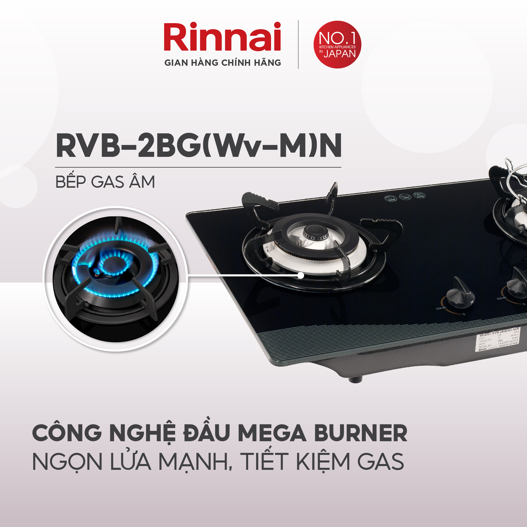 Bếp gas âm Rinnai RVB-2BG(Wv-M)N mặt bếp kính và kiềng bếp men - Hàng chính hãng.