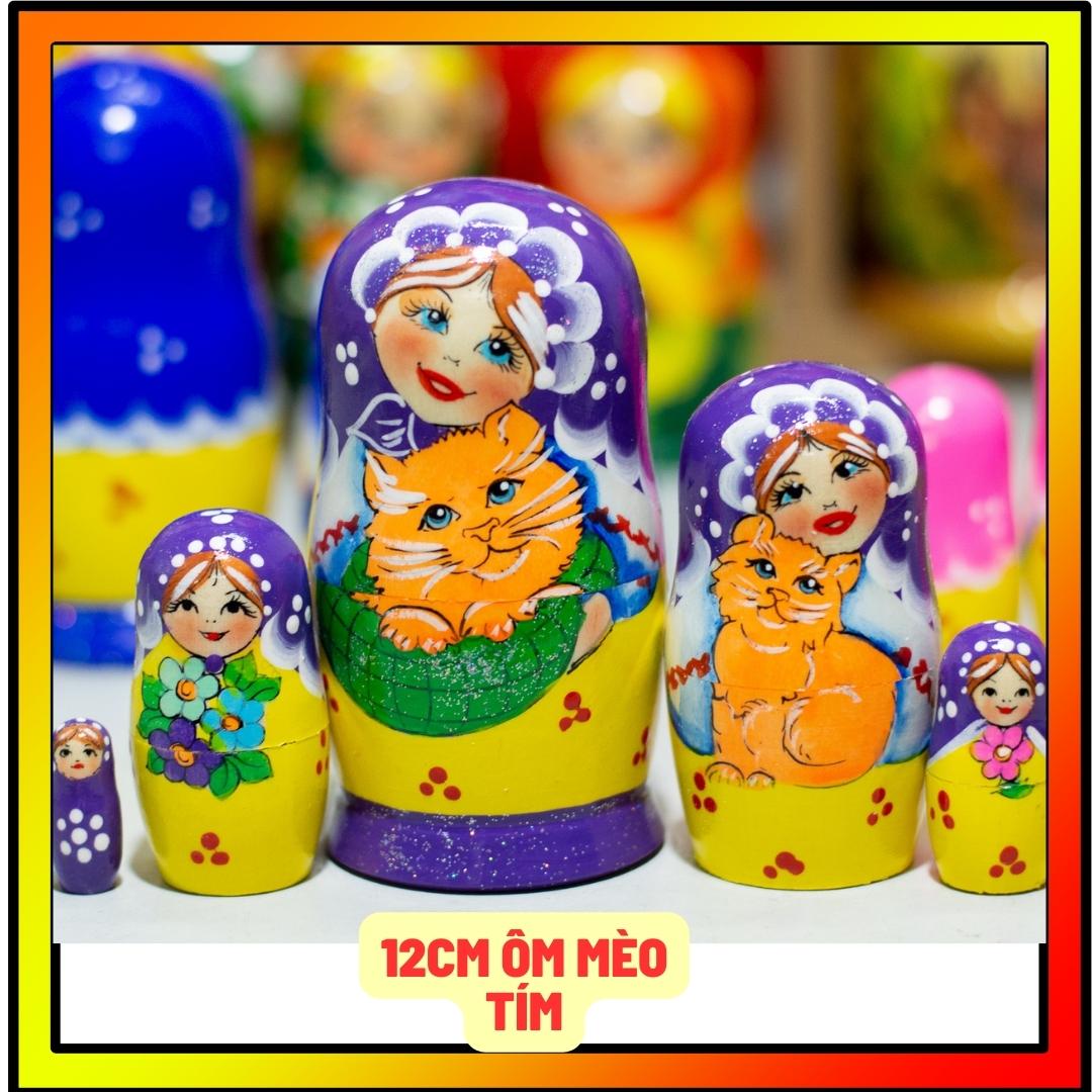 BỘ BÚP BÊ NGA MATRYOSHKA 5 LỚP SIZE 12CM HOA VĂN "MISA ÔM MÈO" NHIỀU MÀU