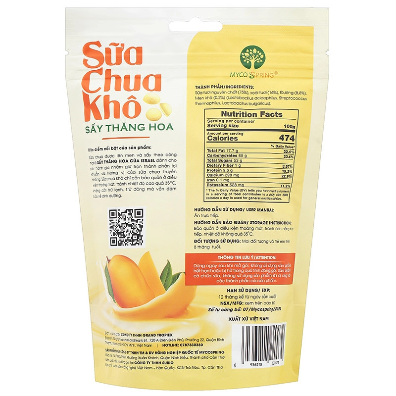 Sữa Chua Khô MycoSpring hoa quả sấy thăng hoa VỊ XOÀI - Hỗ Trợ Tiêu Hóa - Tăng Sức Đề Kháng (20g, 40g)