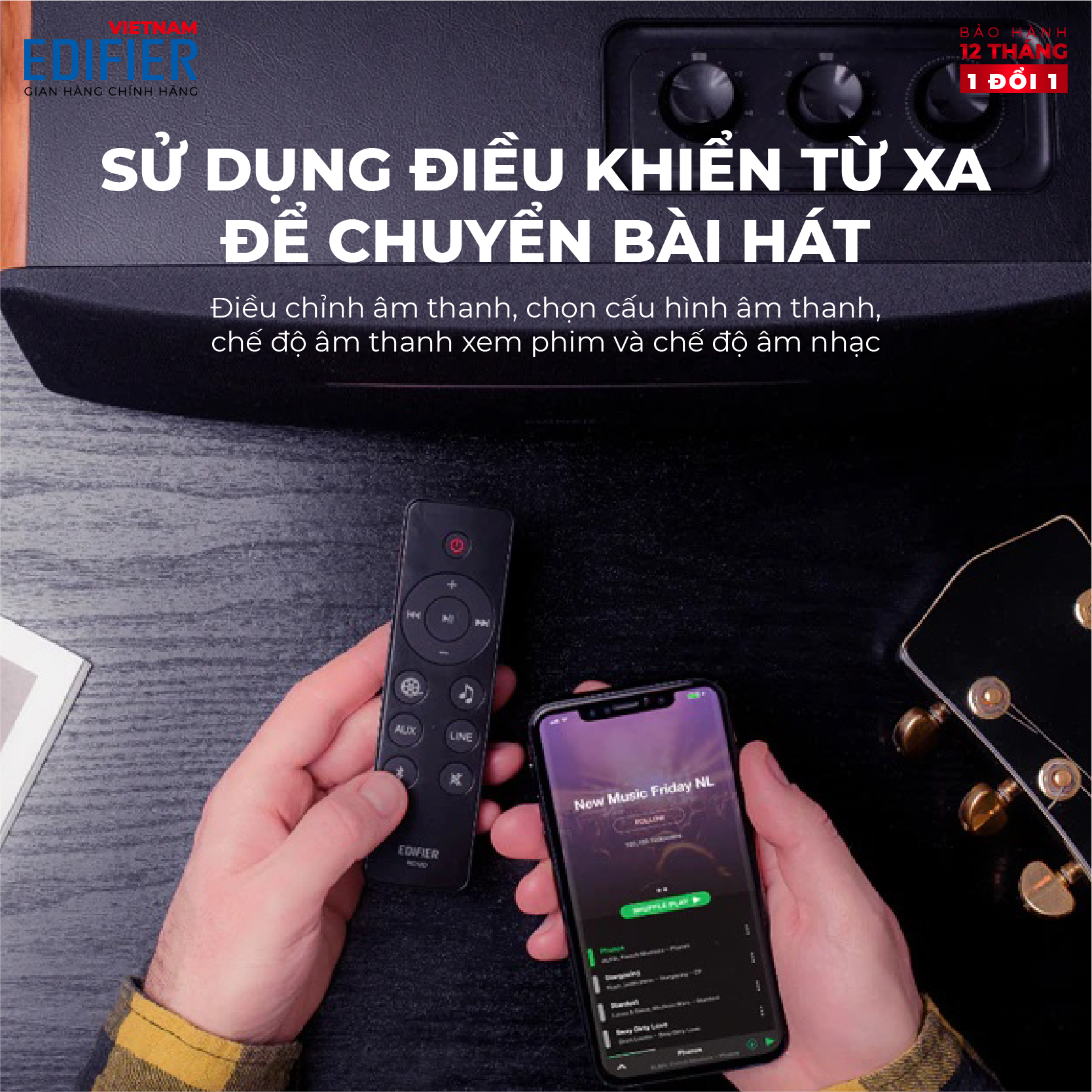 Loa Bluetooth 5.0 EDIFIER D12 Vỏ gỗ chống dội âm - Hỗ trợ AUX âm thanh nổi Stereo - Kèm remote điều khiển - Hàng chính hãng