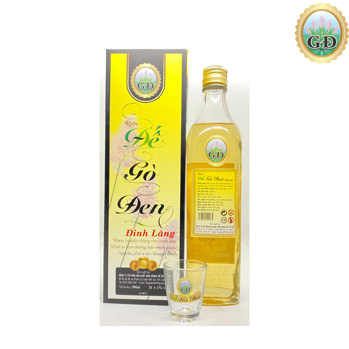 Rượu nếp lứt Đế Gò Đen Đinh Lăng 31% chưng cất thủ công 500ml - kèm hộp và ly [HACCP - OCOP 4 sao]