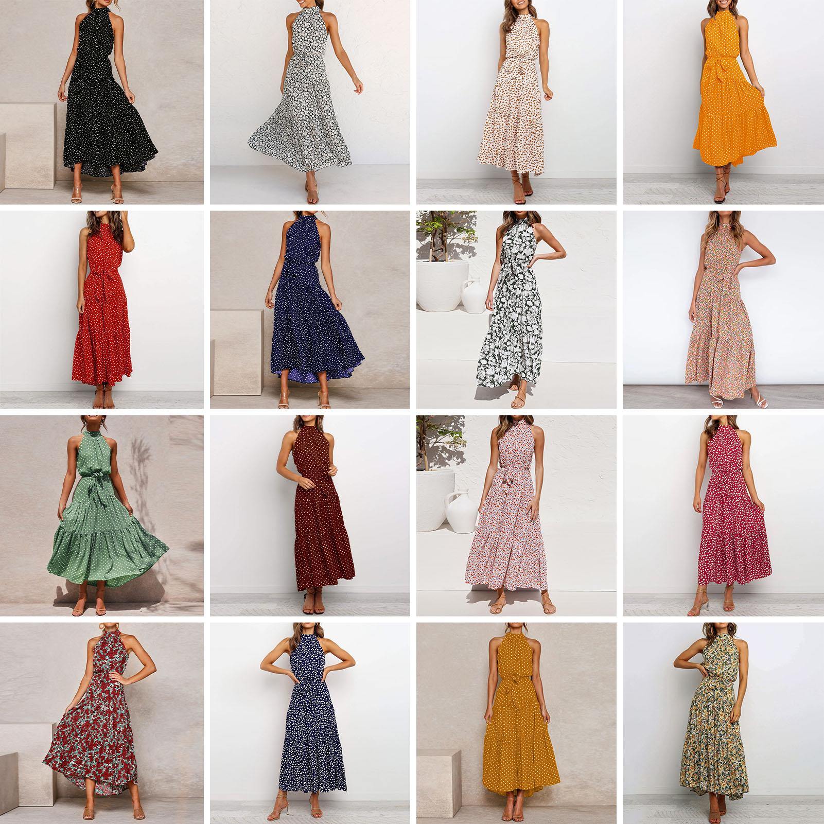 Women Sleeveless Dress Halter Neck Ruffle Hem Long Dress Empire Waist Bow Polka Dots Floral Elegant Casual A-Shaped