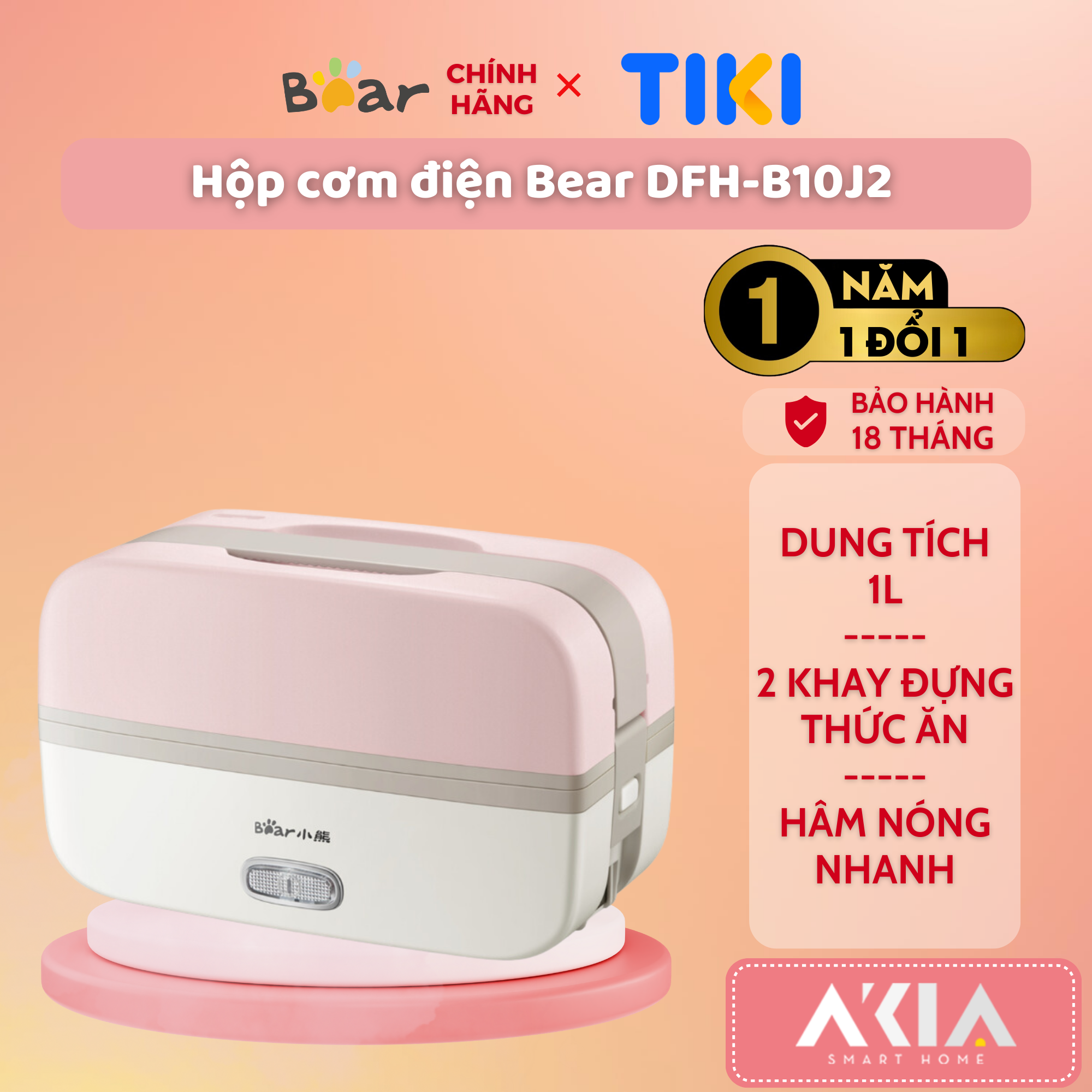 Hộp cơm điện cầm tay Bear DFH-B10J2, màu hồng xinh xắn, 2 khay đựng thức ăn, hâm nóng nhanh chóng - HÀNG CHÍNH HÃNG