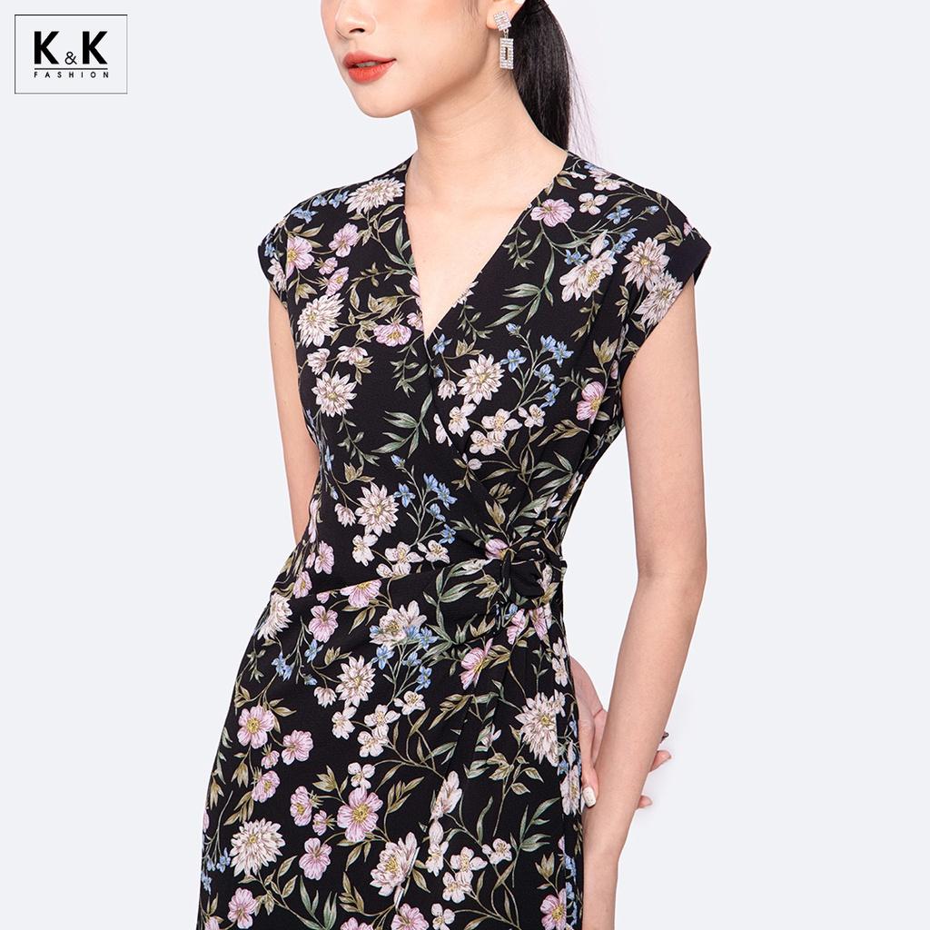 Đầm Quấn Wrap Dress Họa Tiết Hoa Cổ Tim K&K Fashion KK120-02 Chất Liệu Xốp Thái