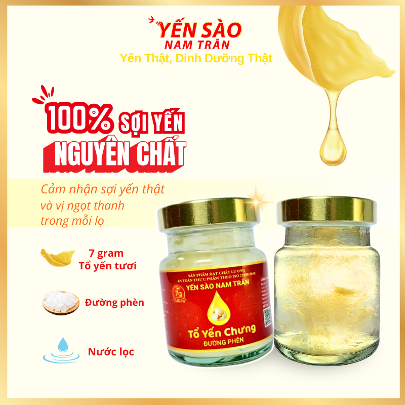 Yến chưng Đường Phèn NAM TRÂN 7 gram Tổ Yến Tươi giúp Bồi bổ sức khoẻ. Hộp ( 6 lọ x 70 ml )