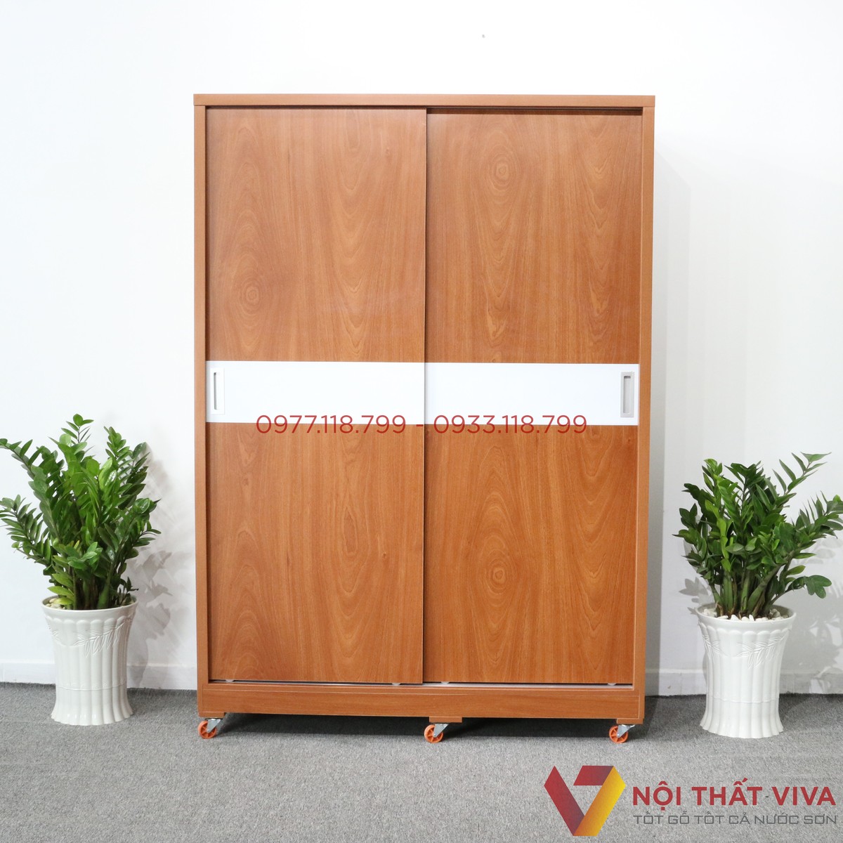 Tủ Quần Áo Cửa Lùa 1m4X2m Gỗ MDF Màu Xoan Đào Chỉ Trắng Hiện Đại