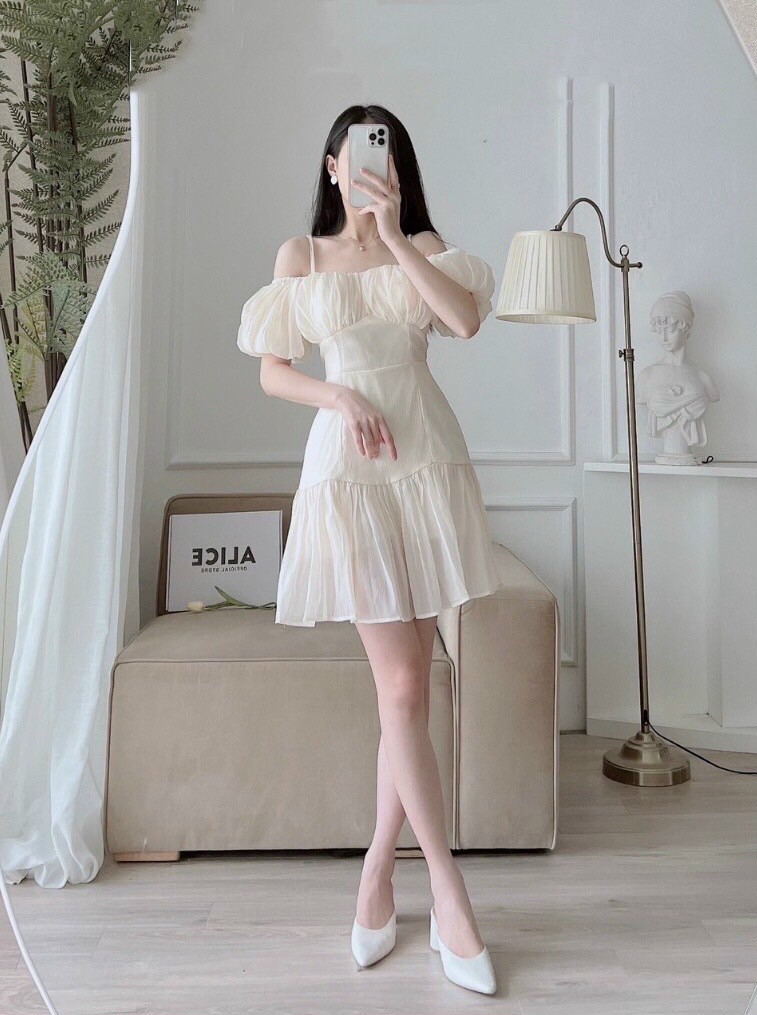 Đầm 2 dây trễ vai, Váy trắng ngắn hai dây Cao Cấp dáng chữ A tay ngắn ôm eo sexy gợi cảm MiNhi