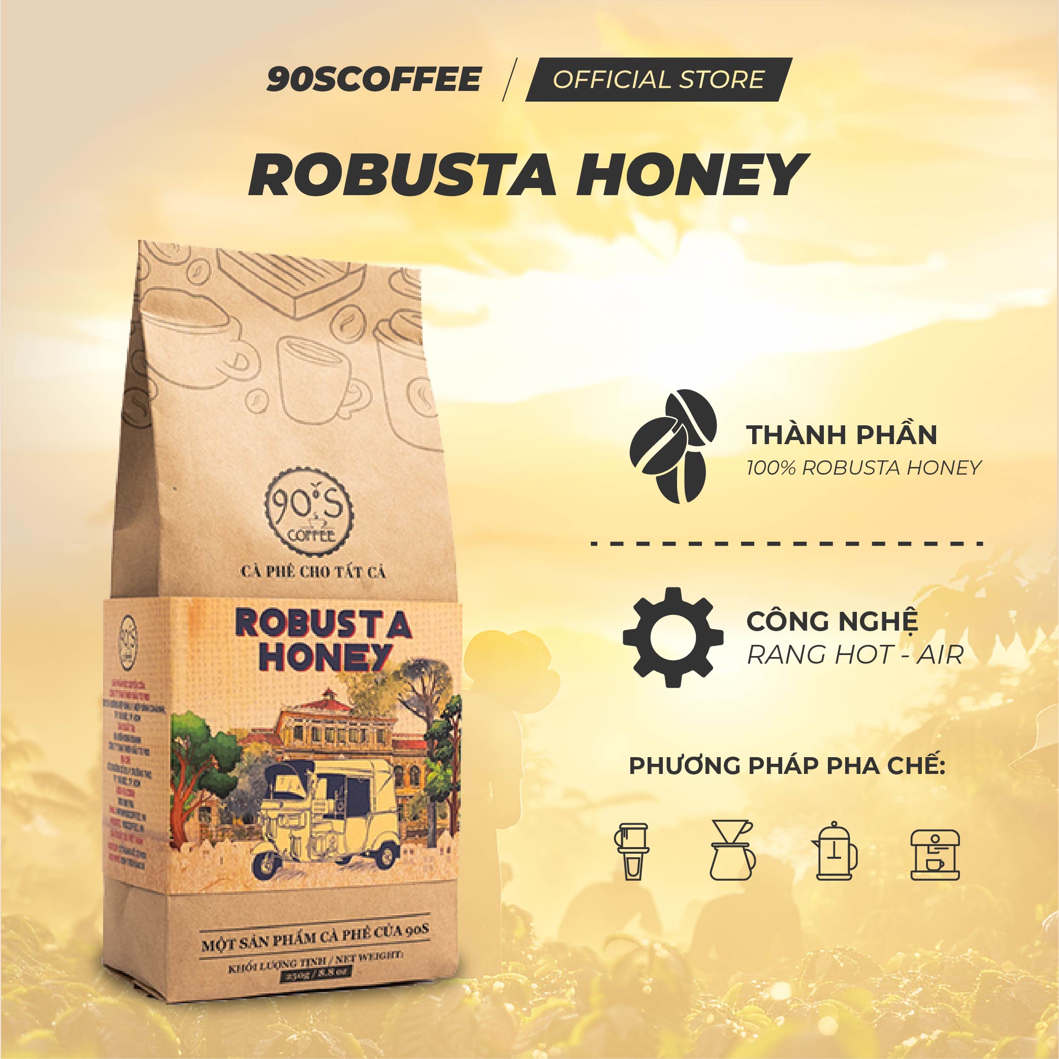 Cà Phê Robusta Honey Nguyên Chất Rang Mộc - Gu Ngọt Dịu Thơm Mùi Trái Cây | 90S COFFEE