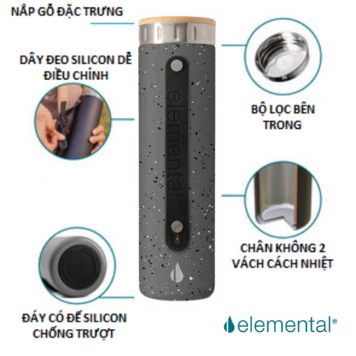 Bình giữ nhiệt Elemental Iconic màu xám đốm 590ml, giữ nhiệt vượt trội, inox 304, FDA Hoa Kì, An toàn sức khỏe, có lưới lọc