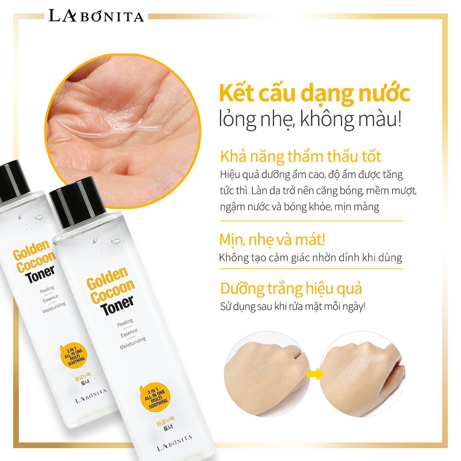 Nước hoa hồng làm sạch, cân bằng, dưỡng ẩm da - La Bonita Golden Cocoon Toner 340ml