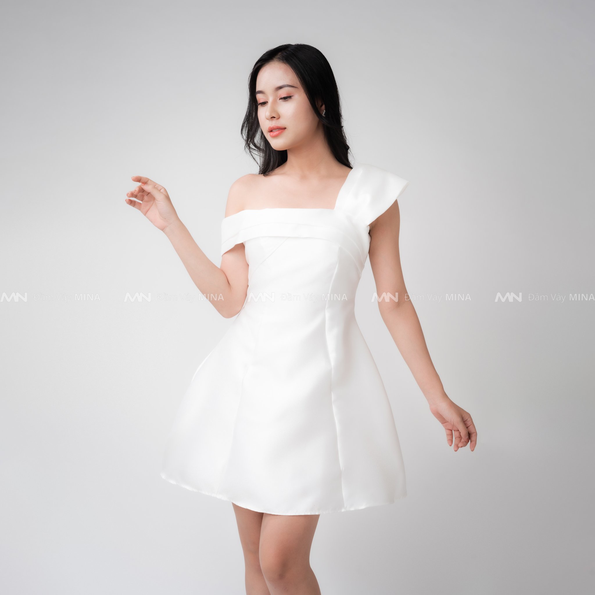 Đầm dự tiệc đầm sang trọng đầm dáng xoè Taffta nơ ngực chéo vai đi chơi dạo phố công sở - MN95 - Đầm Váy Mina