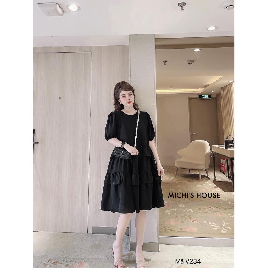 Váy suông bèo tầng dáng babydoll, đầm xuông rộng freesize, tay phồng 3 màu vàng, hồng, đen mã V234 - Michi's House
