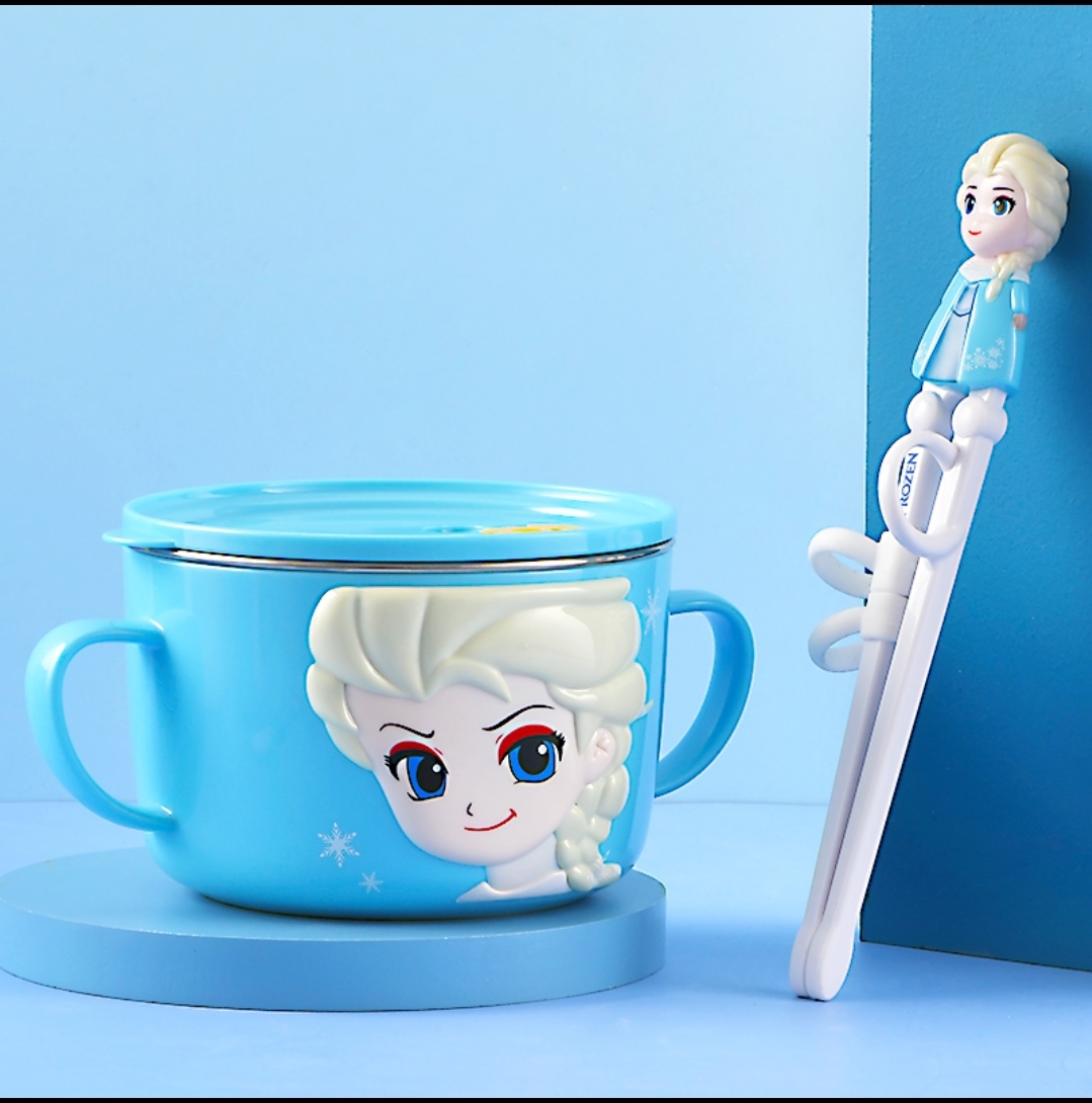 Set 2 món tô giữ nhiệt inox kèm đũa tập ăn Disney Frozen Elsa cho trẻ em