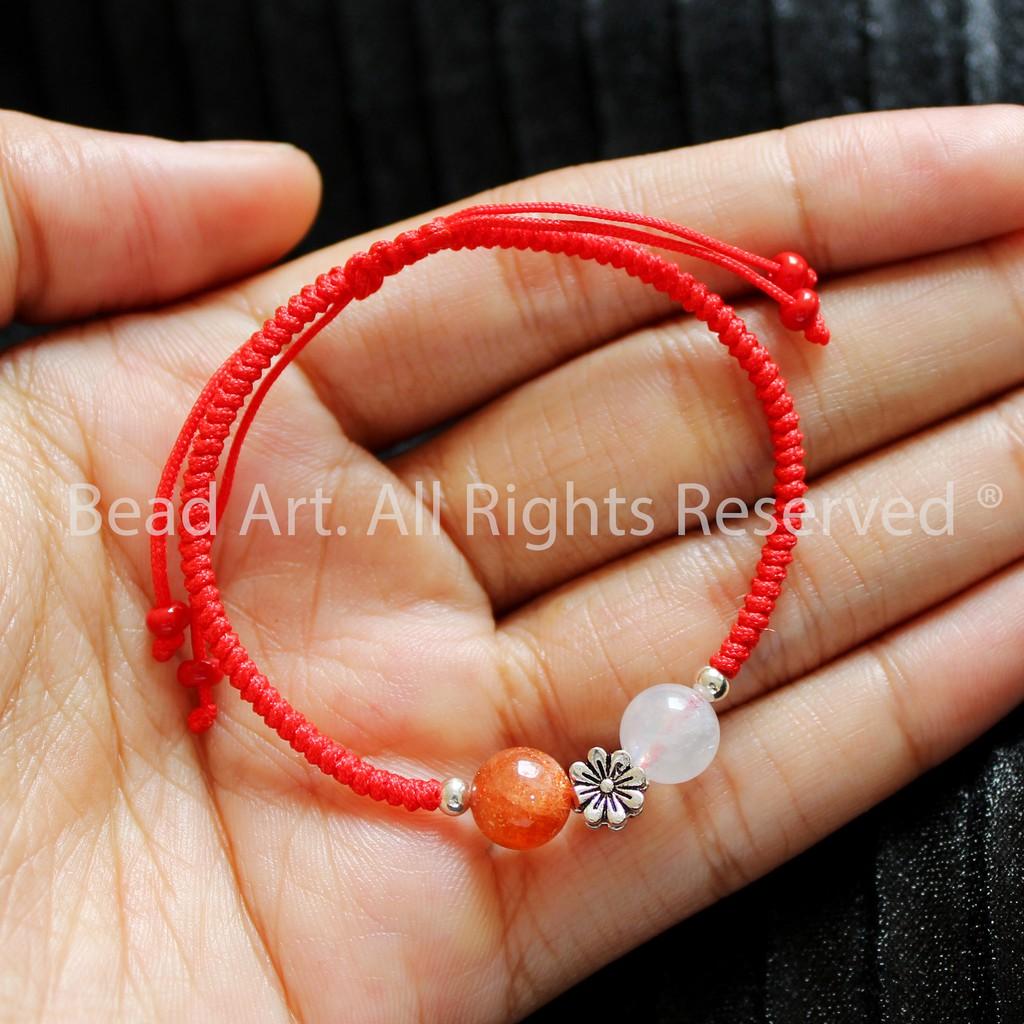 Vòng Tay Đá Moonstone, Đá Mặt Trăng Và Sunstone, Đá Mặt Trời Tự Nhiên Thắt Dây Chỉ Đỏ Handmade, Vòng Tay Phong Thuỷ - Bead Art